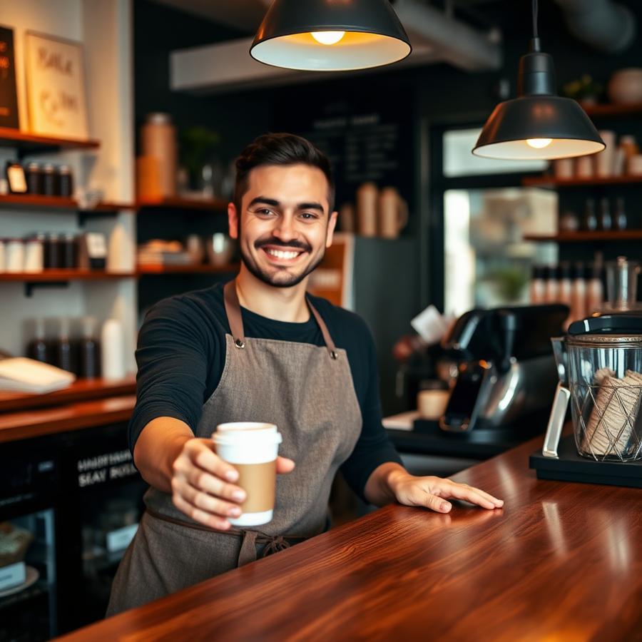 Barista handing a takeaway coffee across the counter