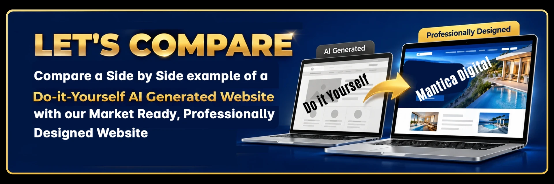 Let's Compare: a do-it-yourself AI generated website next to a market-ready, professionally designed Mantica Digital website
