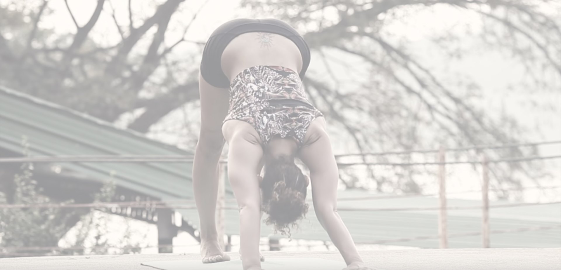 Wide shot of a yoga class