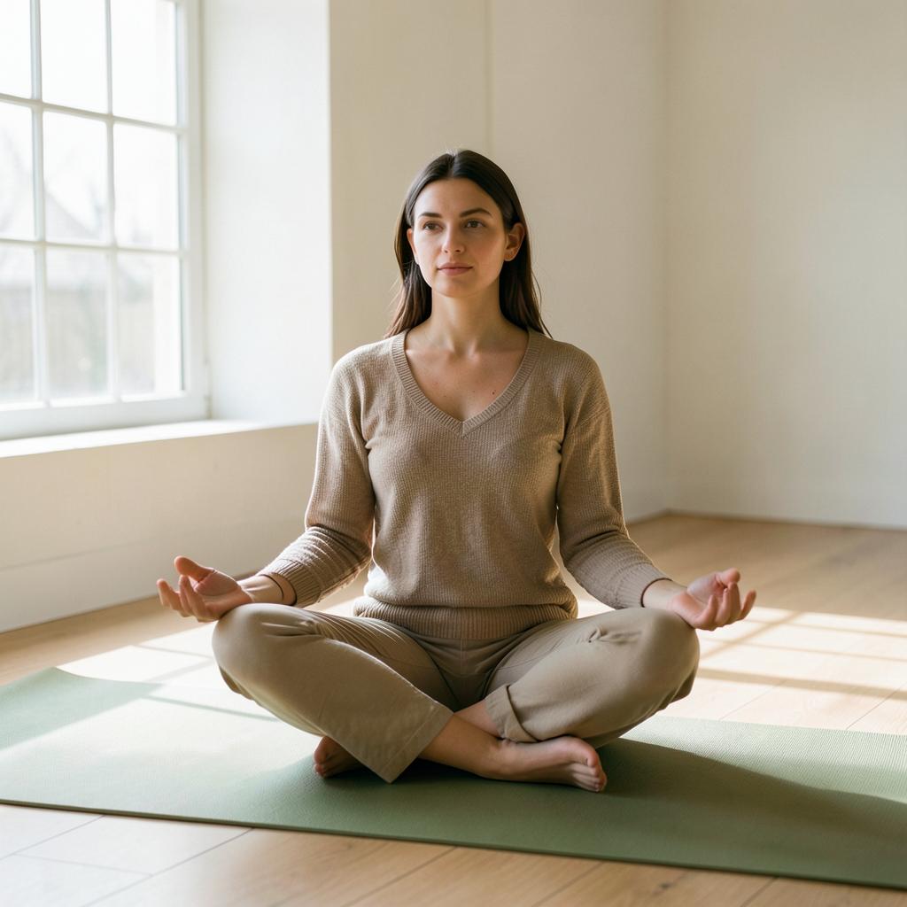 Woman meditating in a bright studio on a sage mat