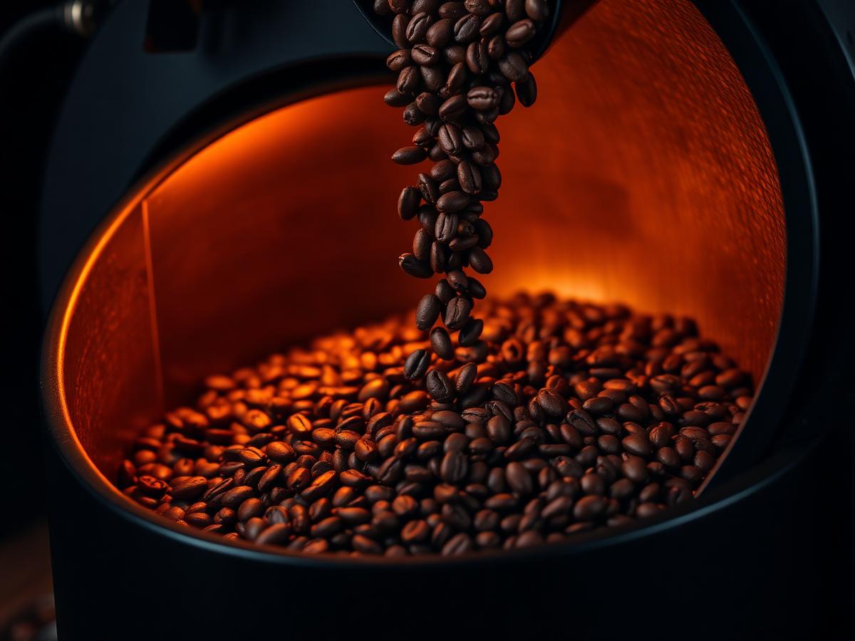 Coffee beans tumbling out of a roaster