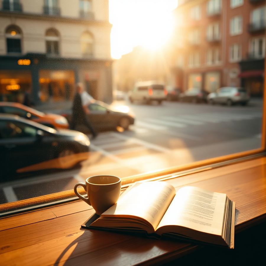 Sunlit window seat with a coffee and a book