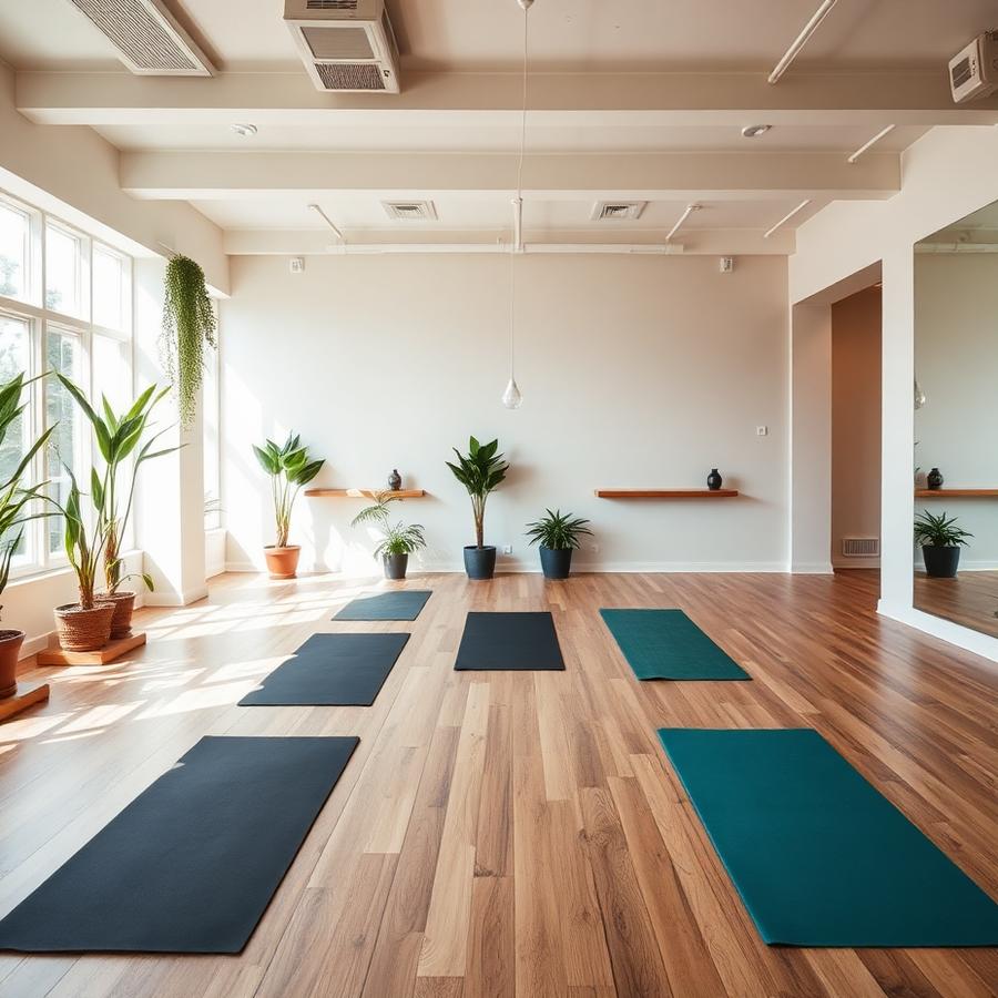 Bright boutique yoga studio with mats laid out