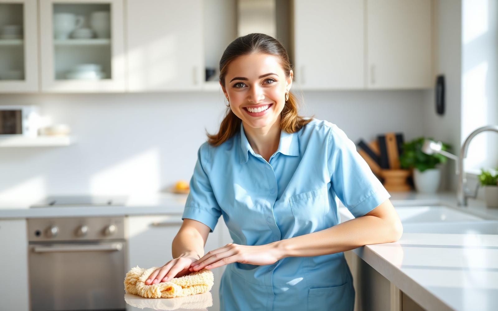 Professional cleaner detailing a bright modern kitchen