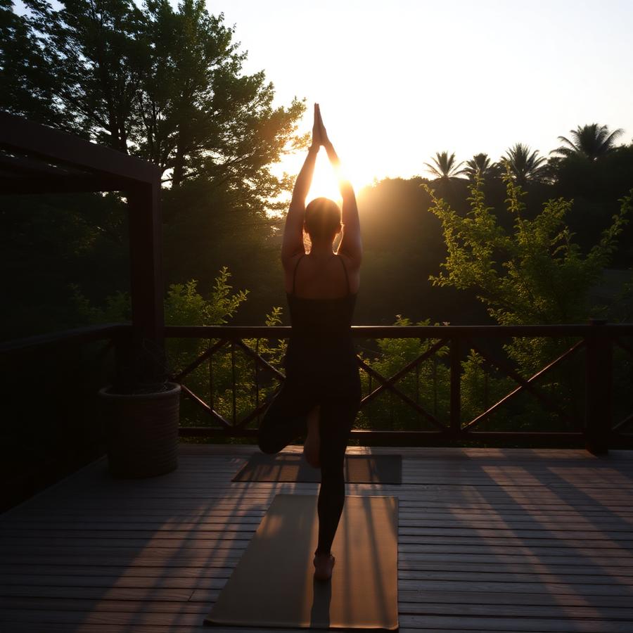 Sunrise yoga on an outdoor wooden deck