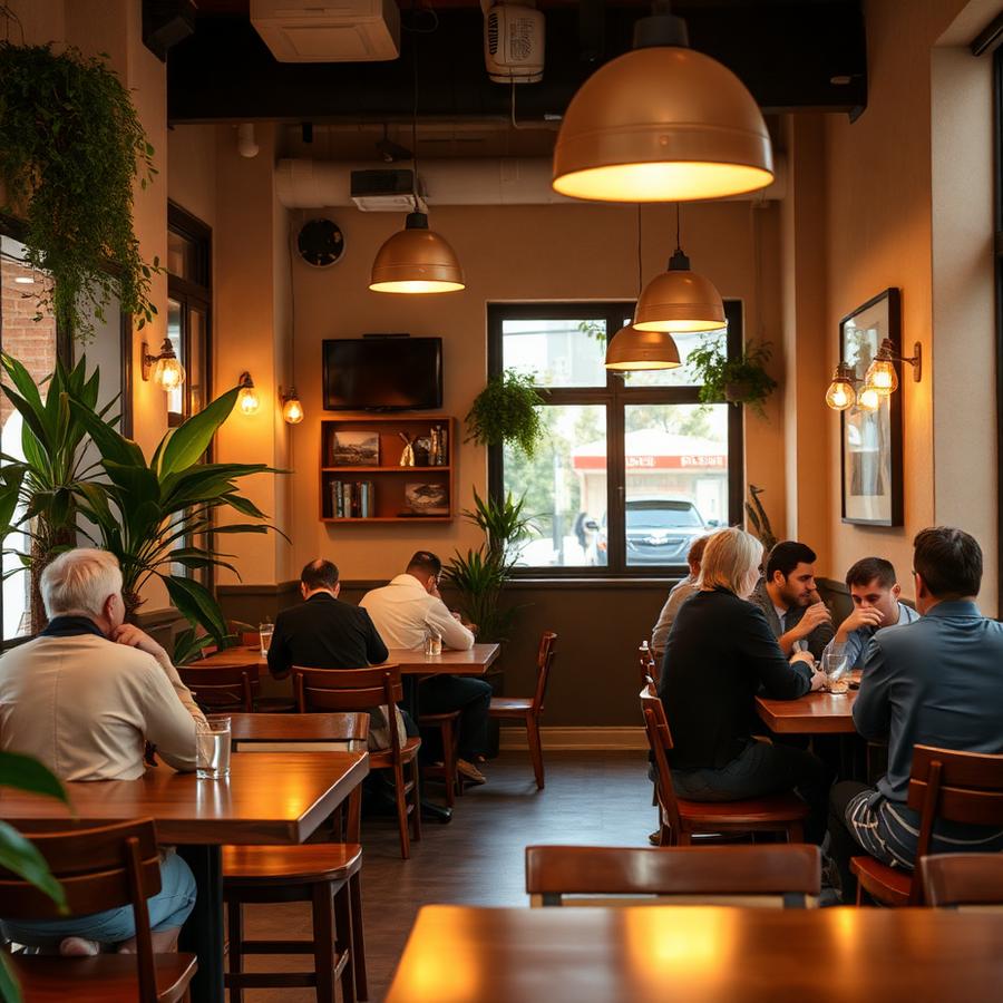 Guests chatting at wooden tables in the cafe