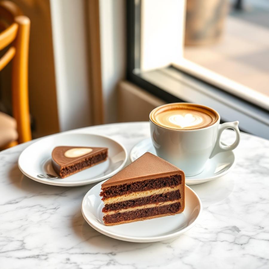 Cake slice and cappuccino on a marble table