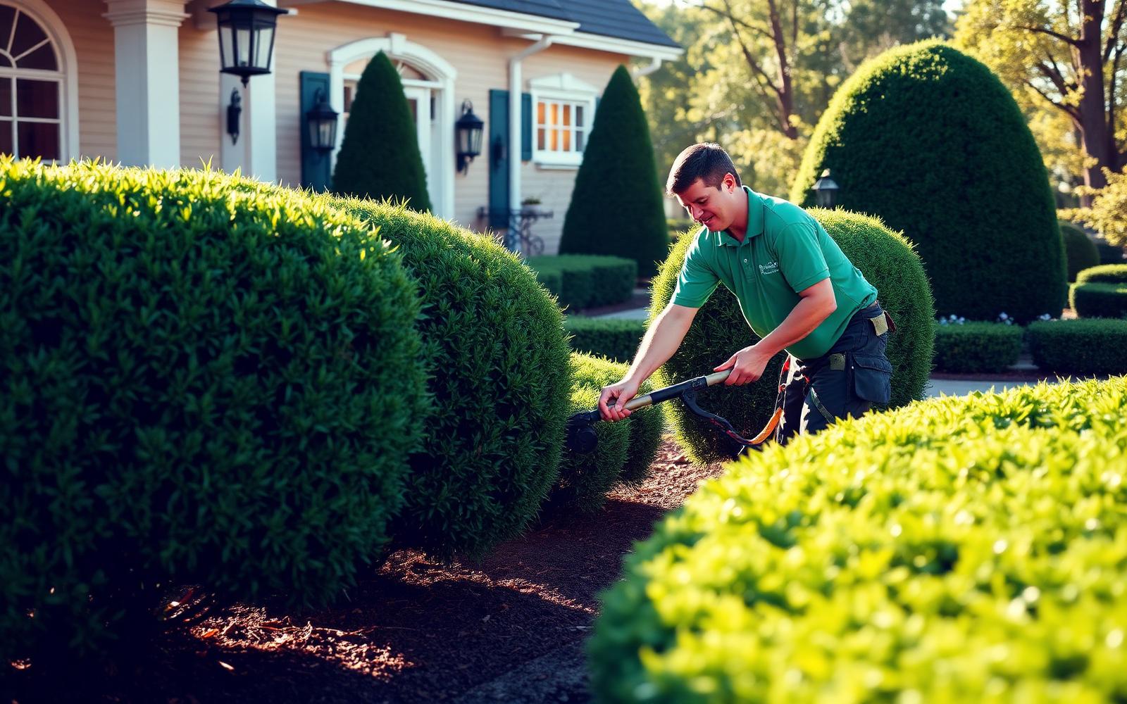 Gardener trimming a sculpted hedge