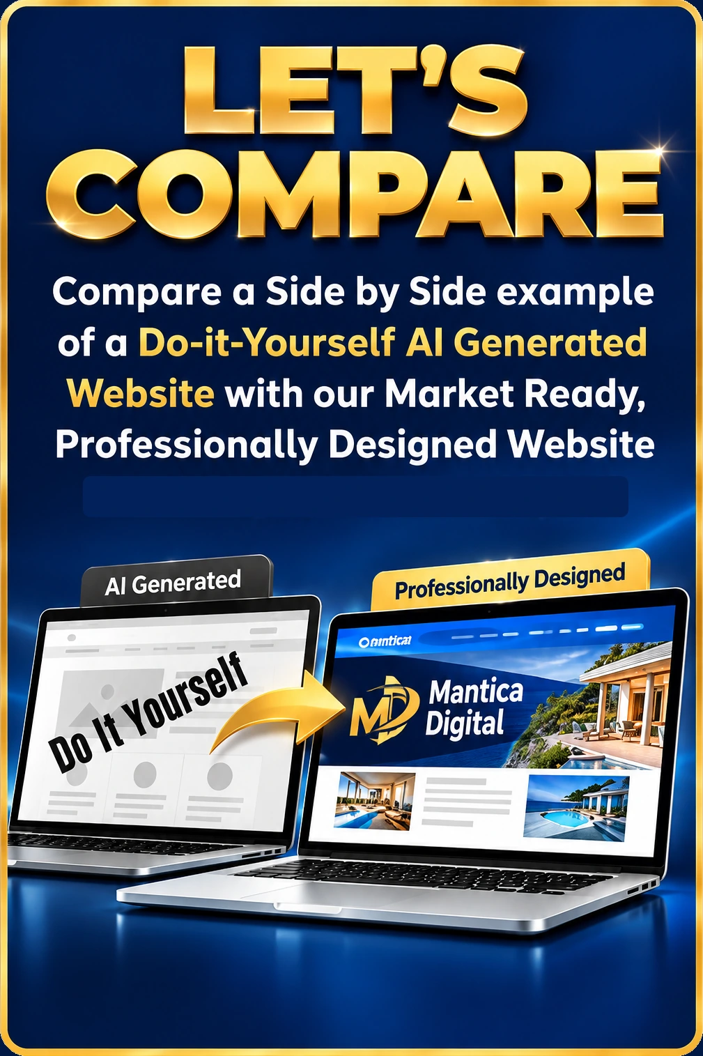 Let's Compare: a do-it-yourself AI generated website next to a market-ready, professionally designed Mantica Digital website