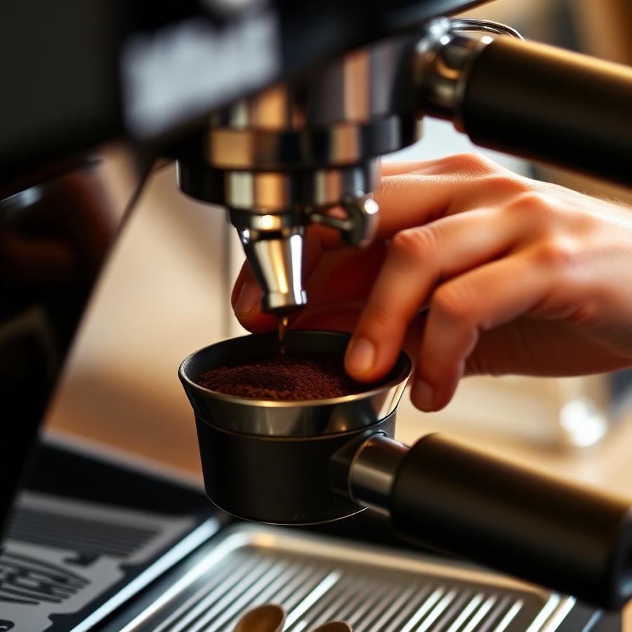 Barista tamping fresh grounds into a portafilter