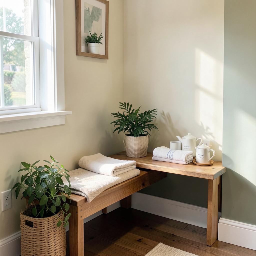 Studio tea nook with plants and folded towels