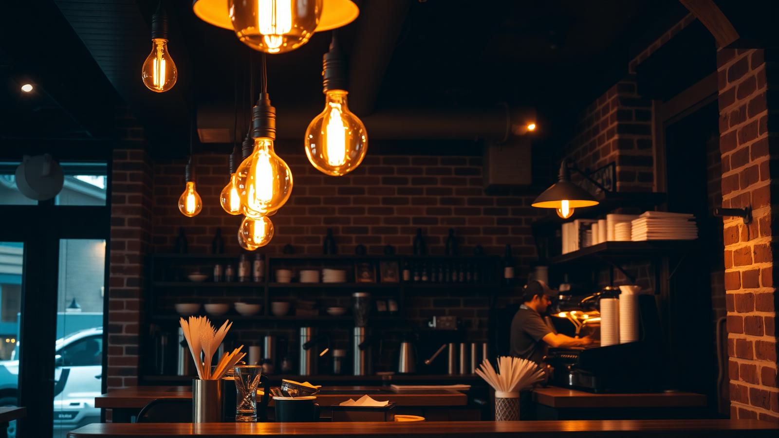 Warm artisan coffee house interior with Edison bulbs