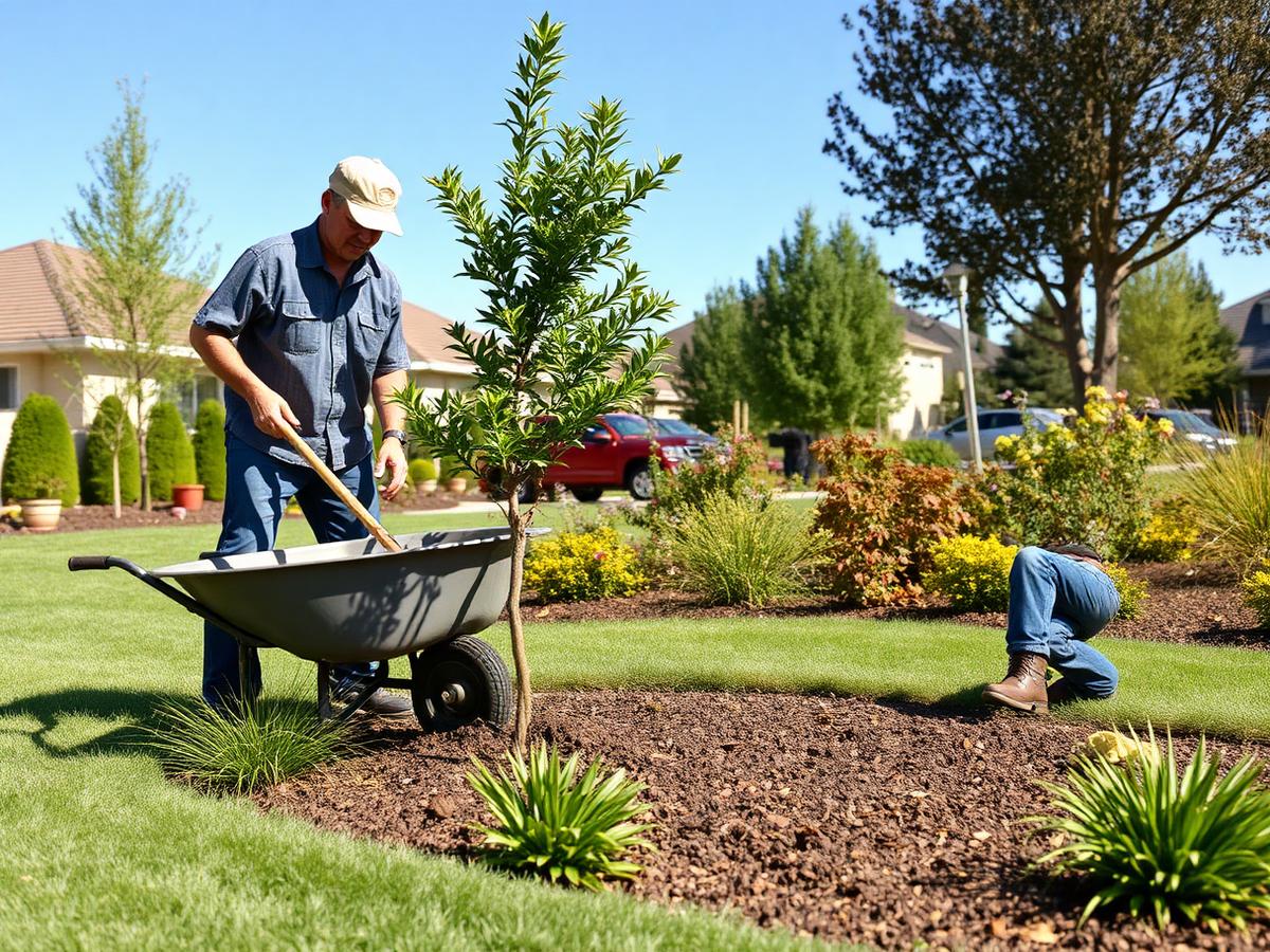 Landscapers planting an ornamental tree