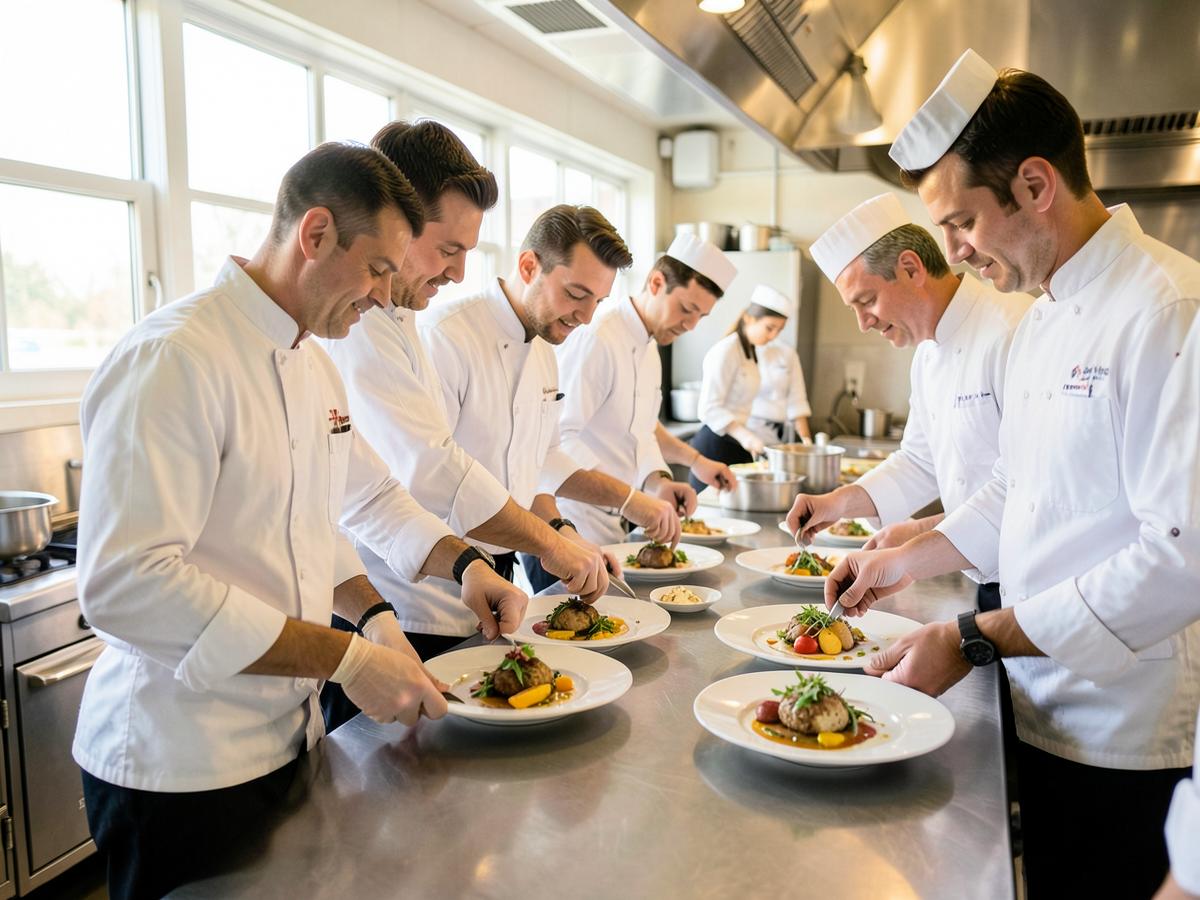 Chefs plating dishes in the Gather & Grace kitchen