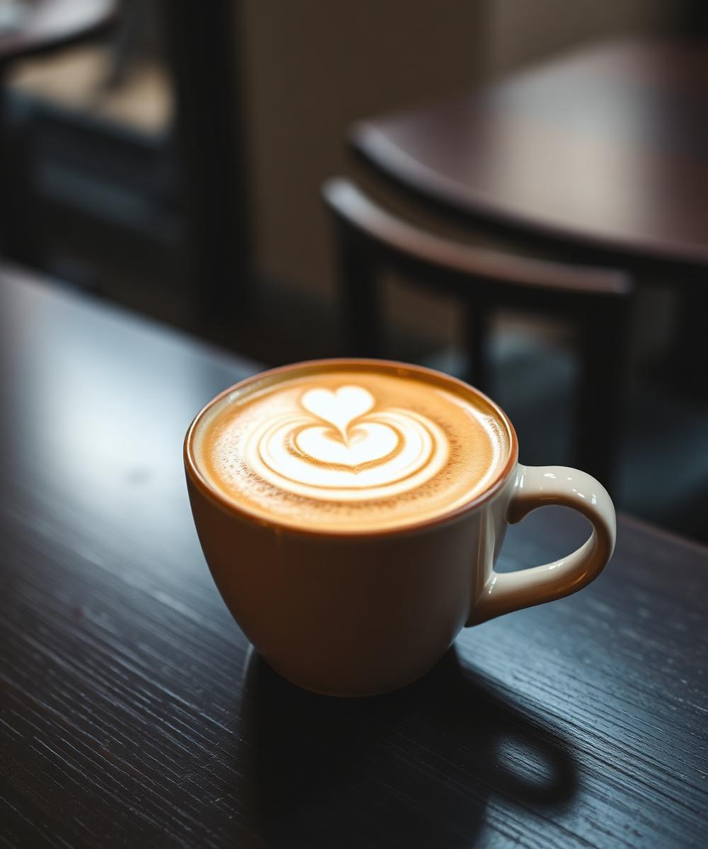Latte with rosetta latte art on a dark wood table