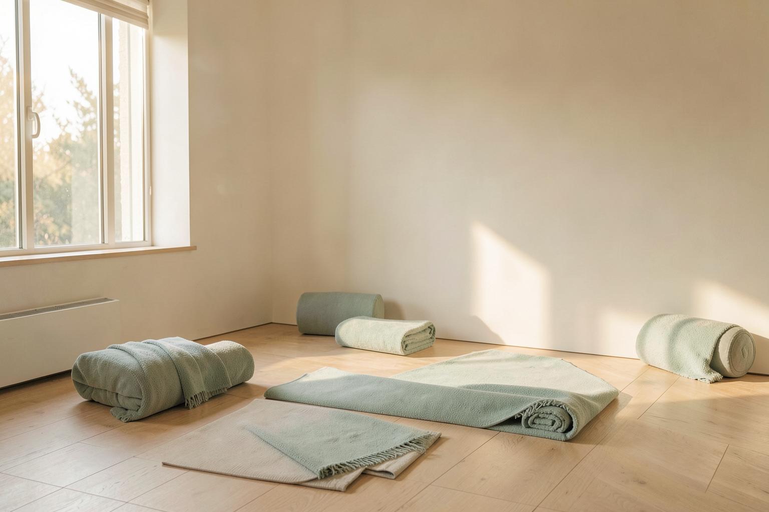 Sunlit minimalist yoga studio with rolled blankets and bolsters