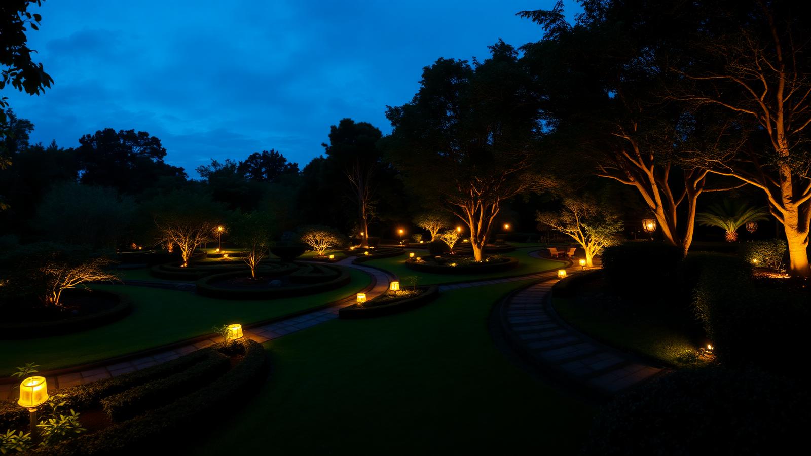 Landscaped garden at dusk with glowing path lighting