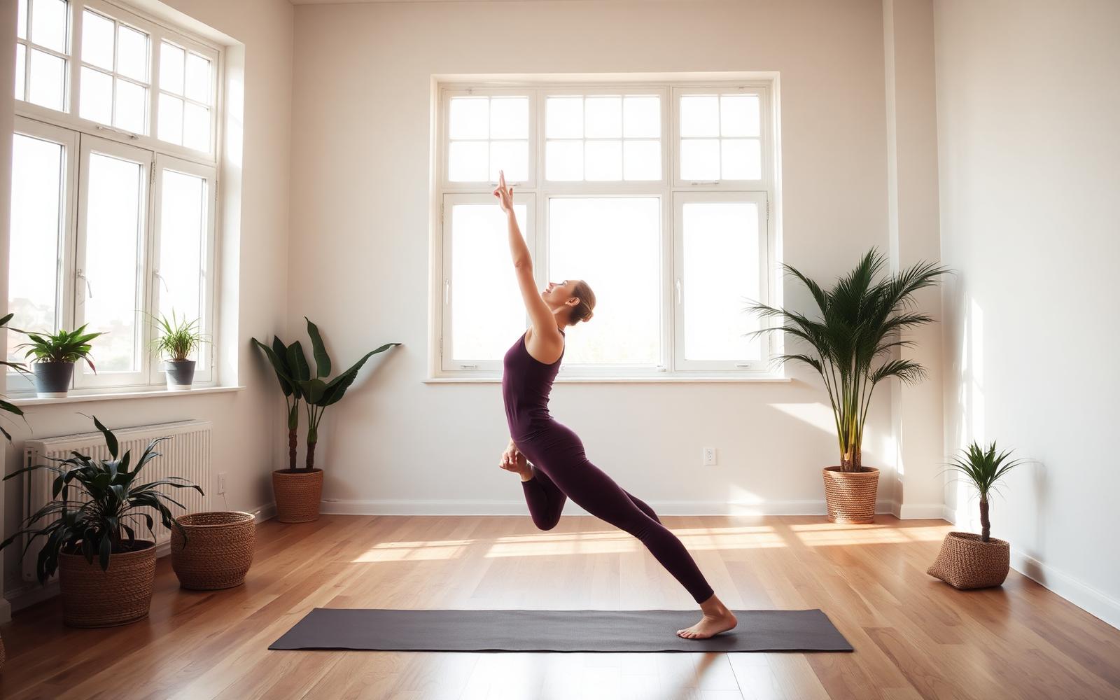 Yoga student in a graceful pose in a sunlit studio