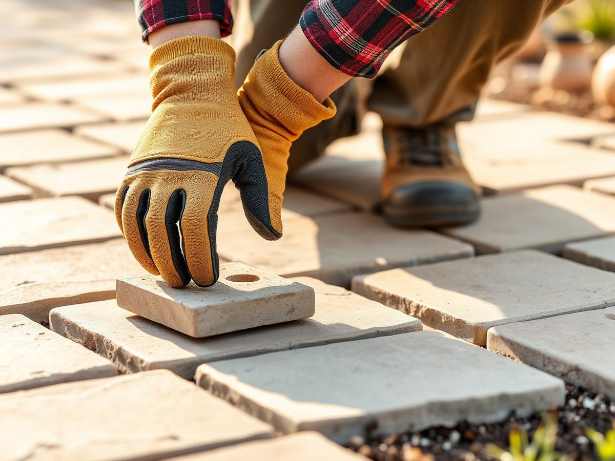 Landscaper laying natural stone pavers