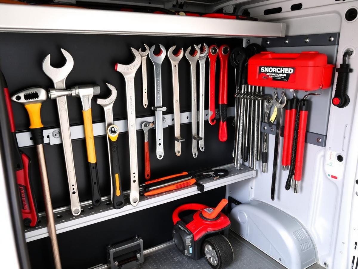 Organized plumbing tools in a service van
