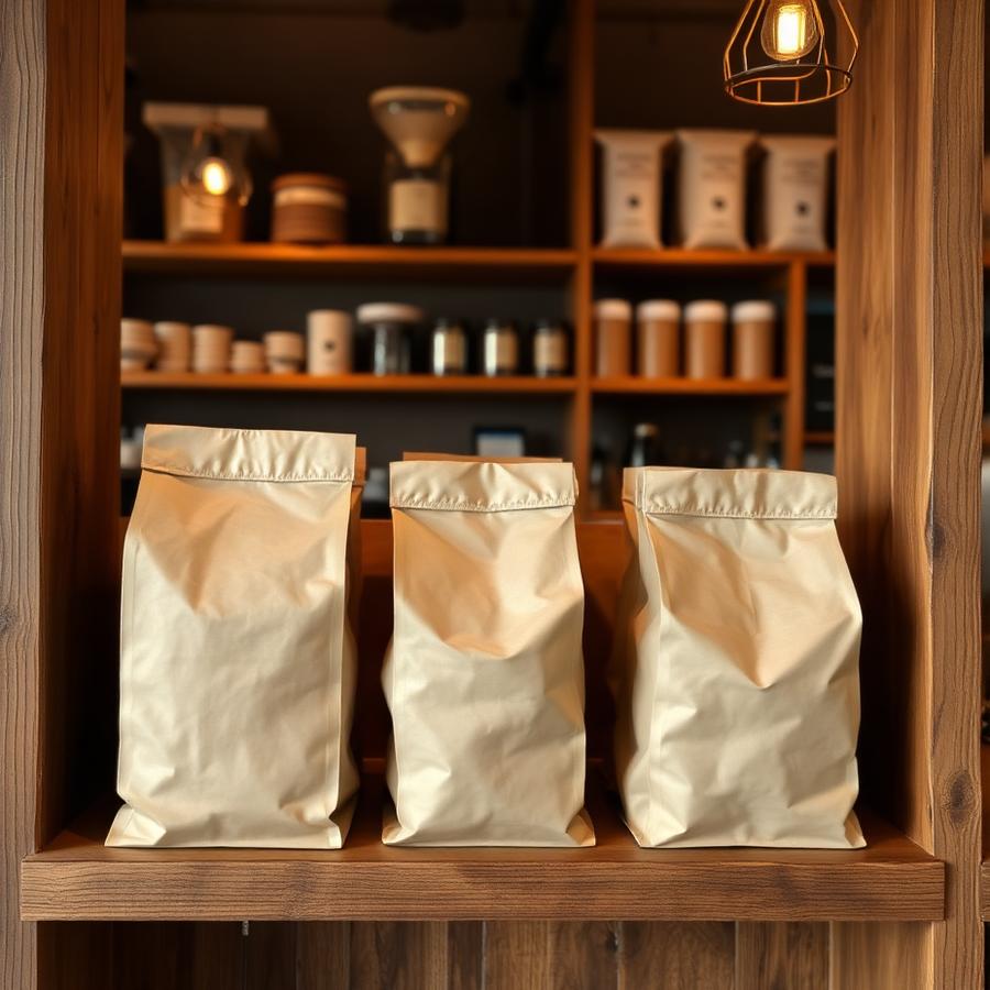 Bags of whole bean coffee on a shelf