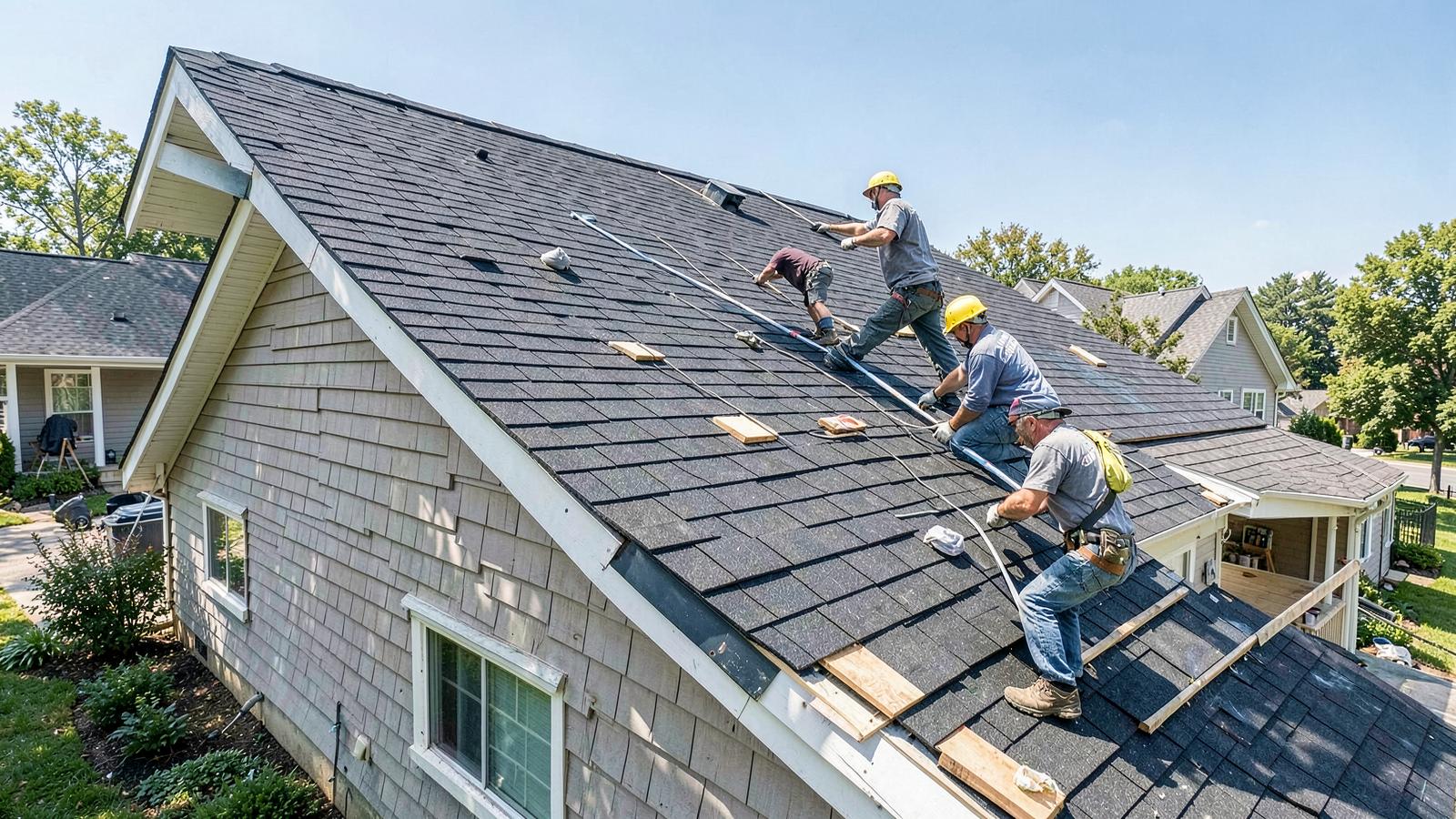 Roofing crew installing shingles
