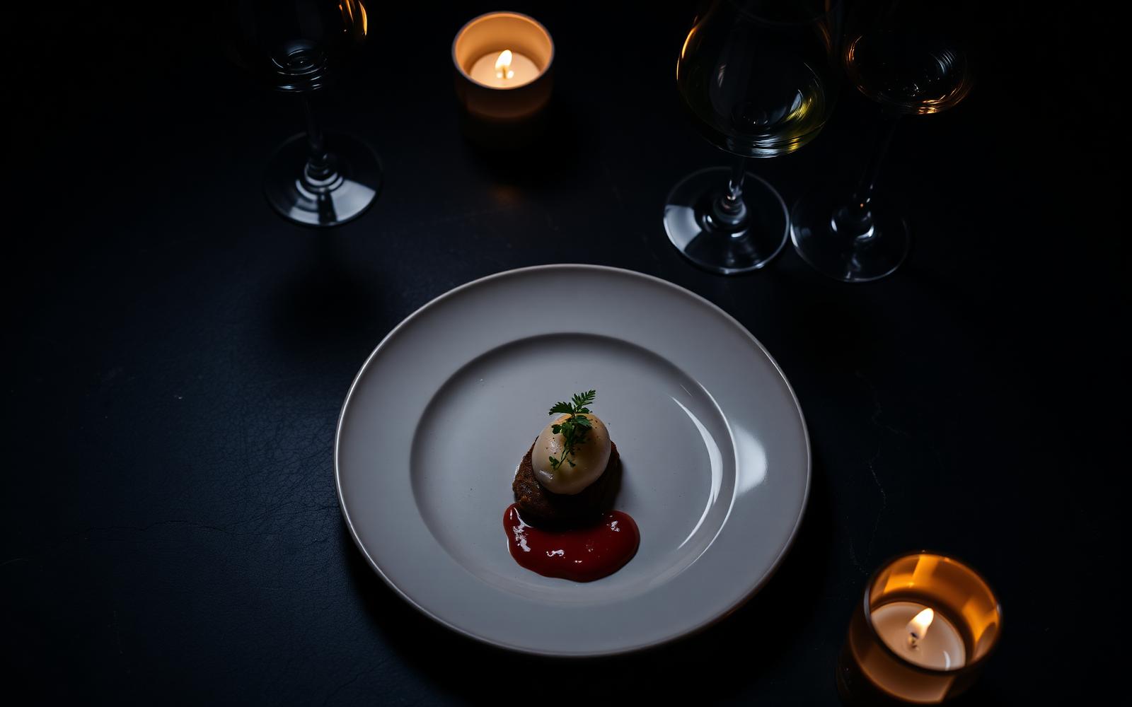 Plated tasting course with candlelight