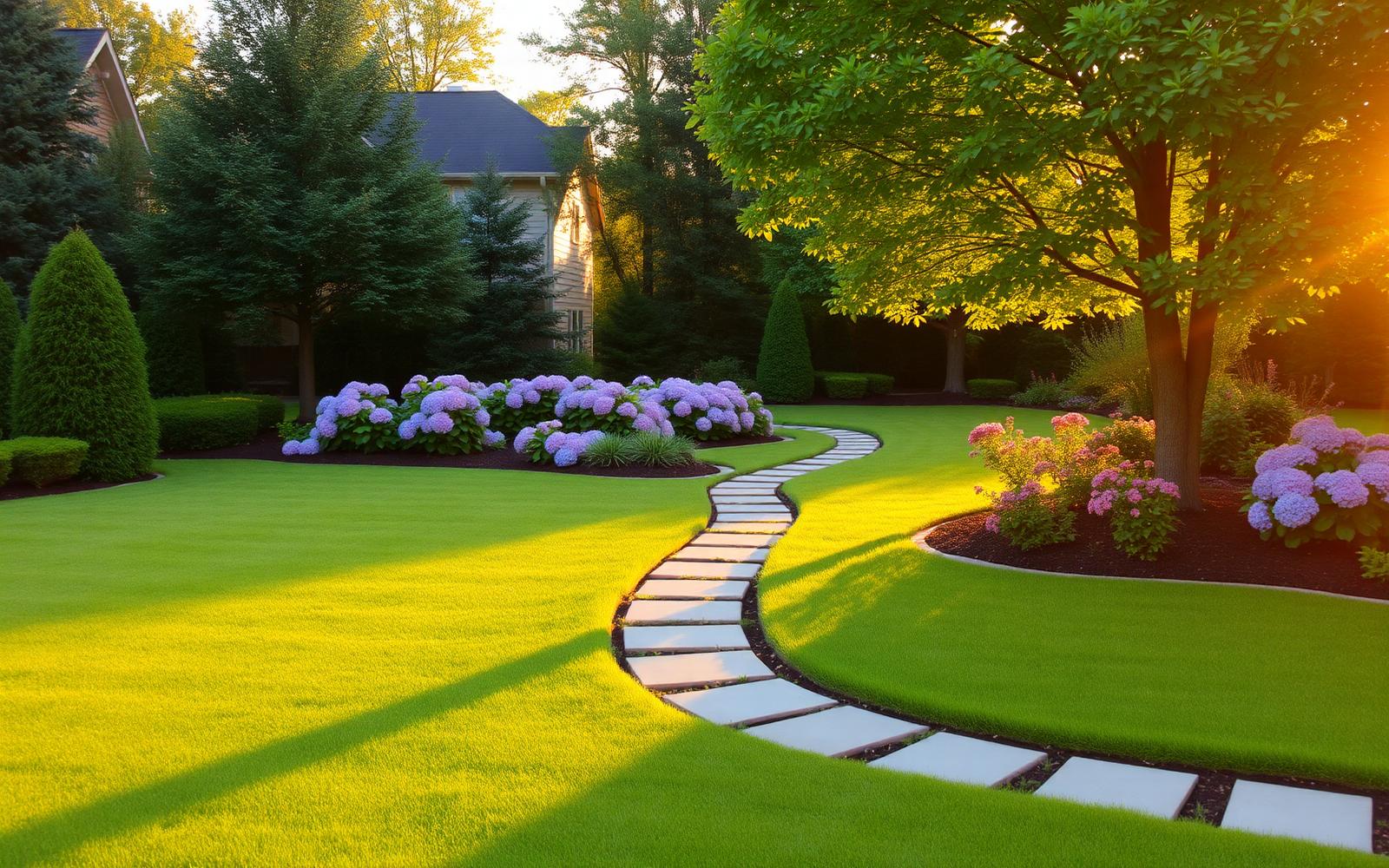 Professionally landscaped backyard with stone path and garden beds at golden hour