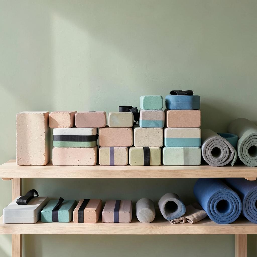 Shelves of yoga blocks, straps, and rolled mats