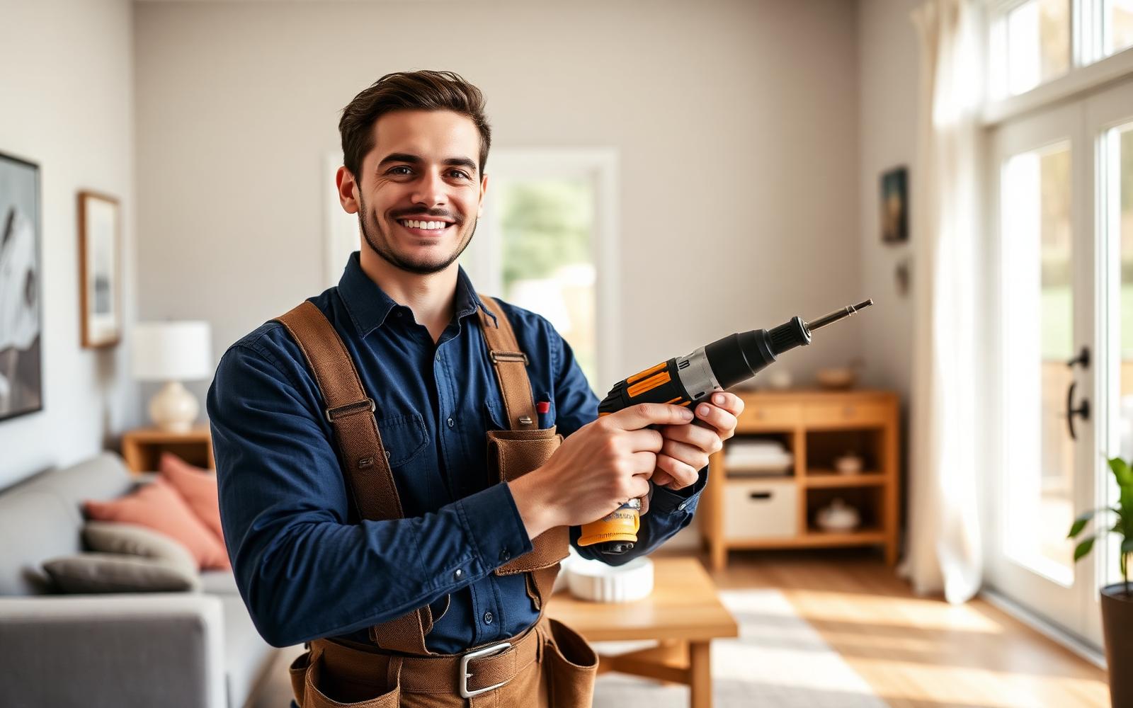 Handyman with a drill in a bright living room