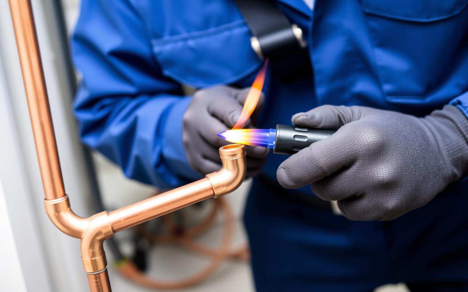 Plumber soldering a copper pipe fitting
