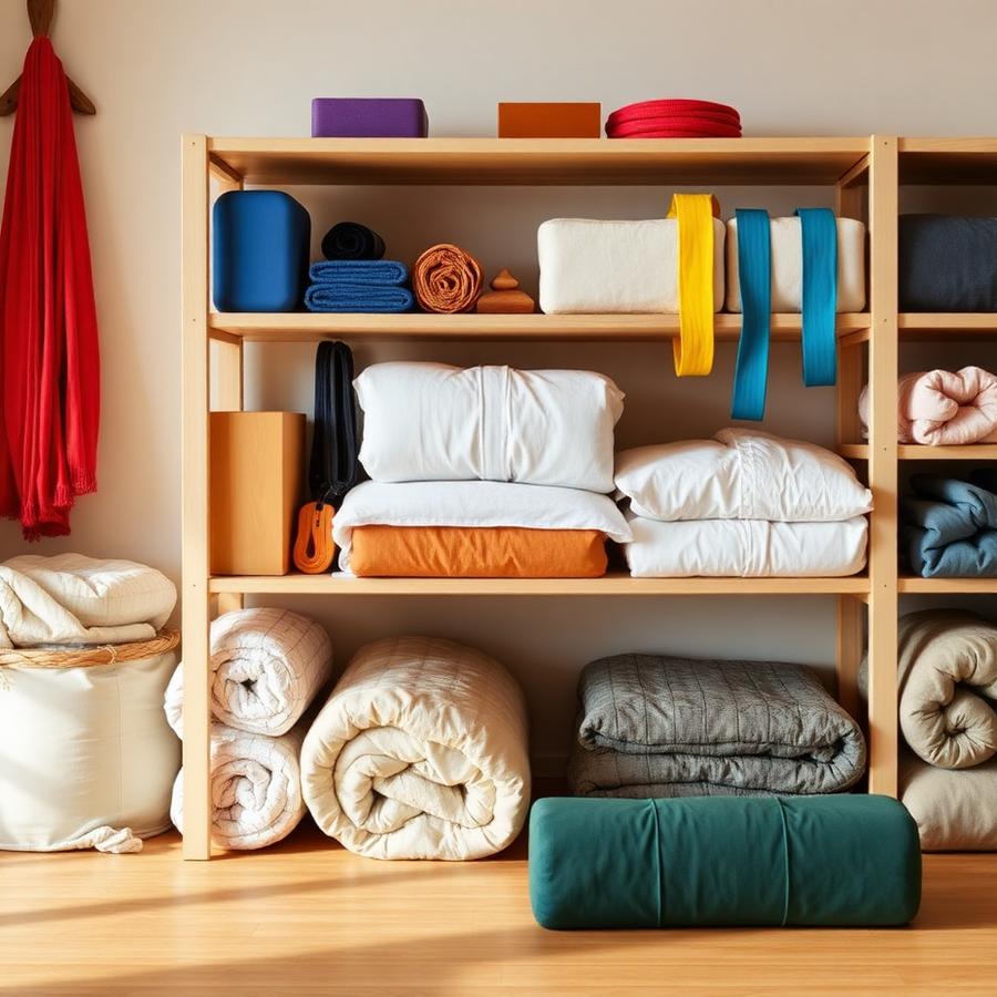 Shelf of yoga blocks, straps, and bolsters