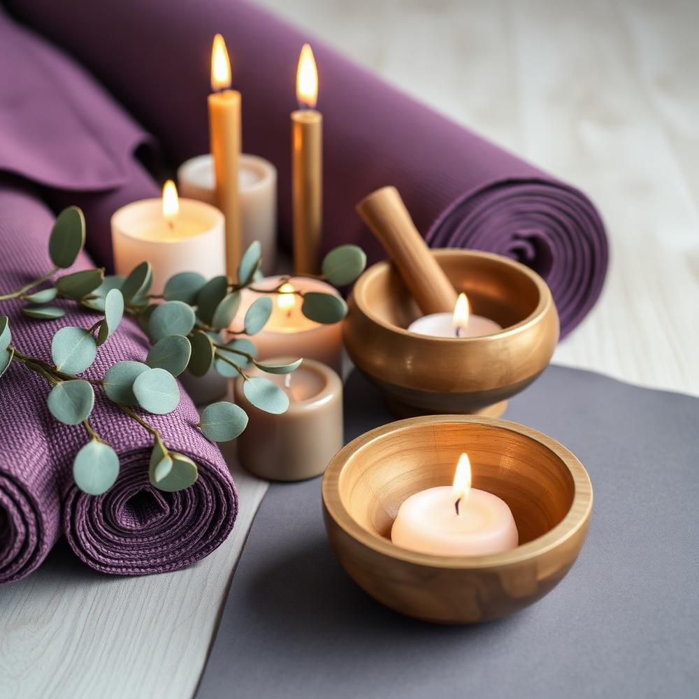 Rolled yoga mats, candles and a singing bowl