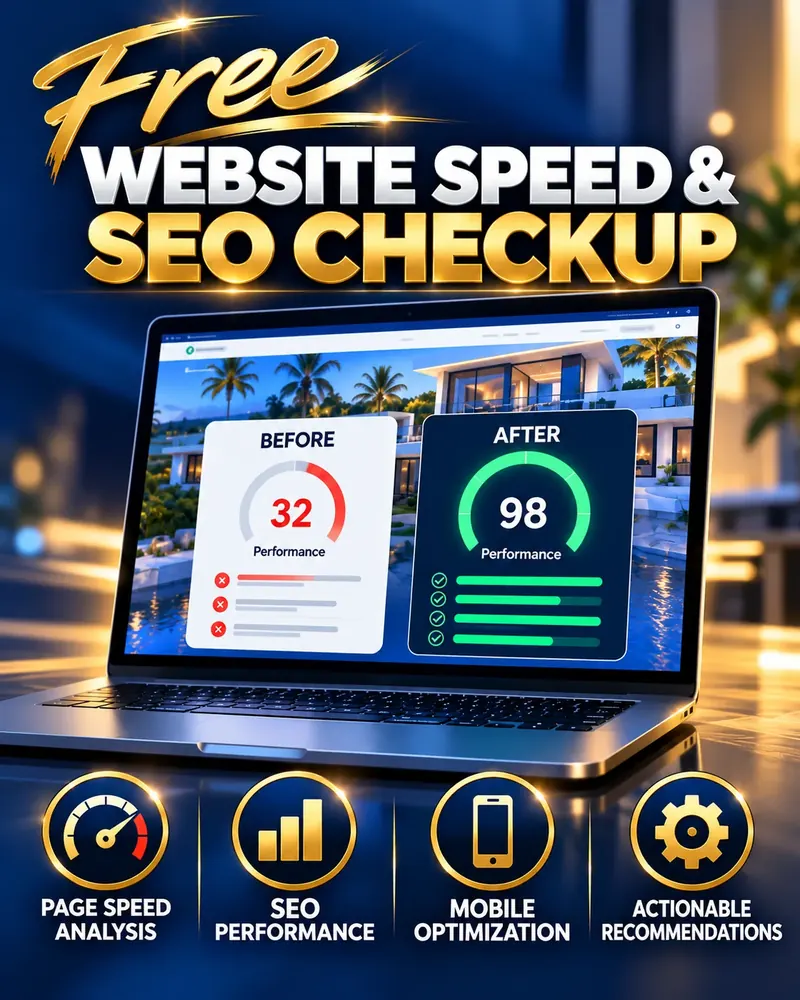 Free Website Speed and SEO Checkup: a laptop showing a before score of 32 and an after score of 98, with page speed, SEO, mobile and recommendation icons