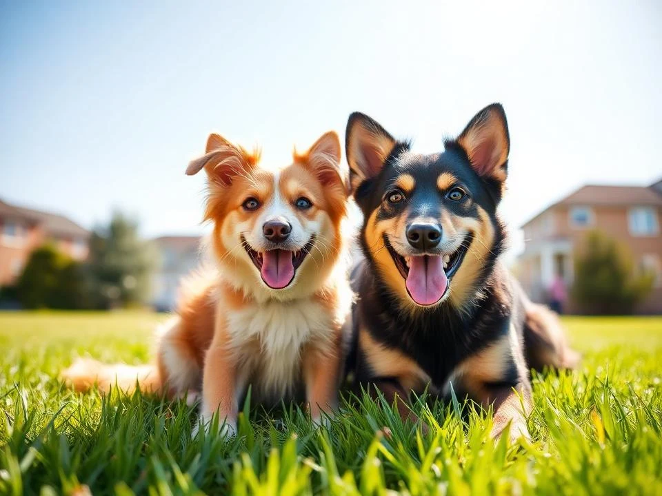 A happy dog and cat on a lawn