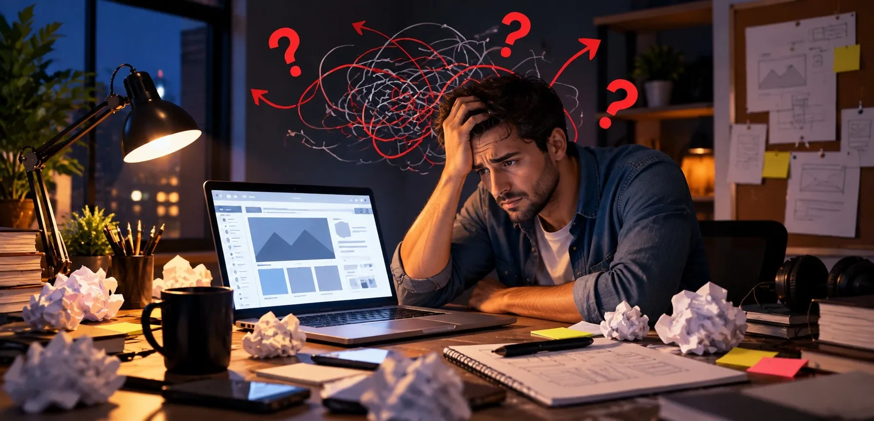 A business owner overwhelmed at a cluttered desk, surrounded by crumpled drafts and a half-finished website