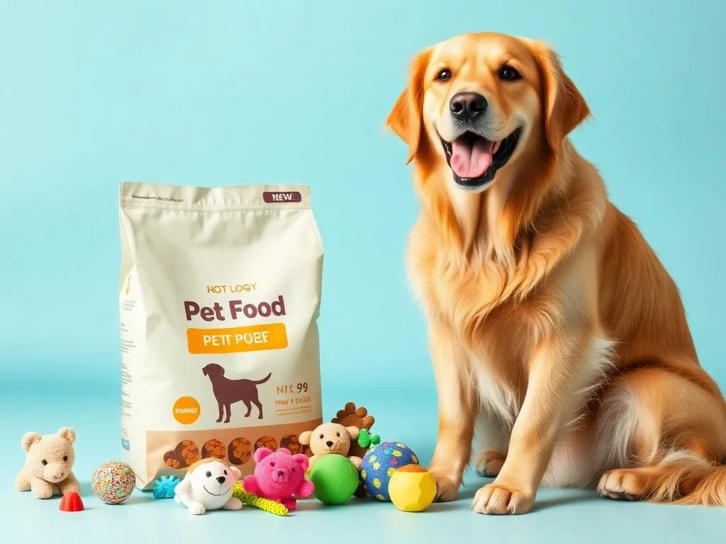 Happy dog with pet supplies