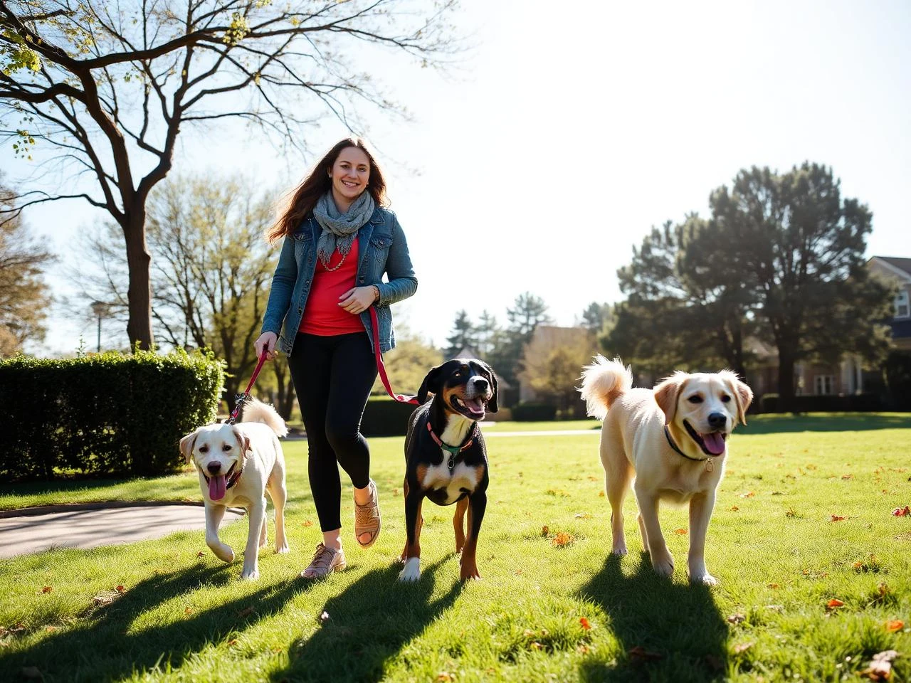 Pet sitter walking three dogs in a park
