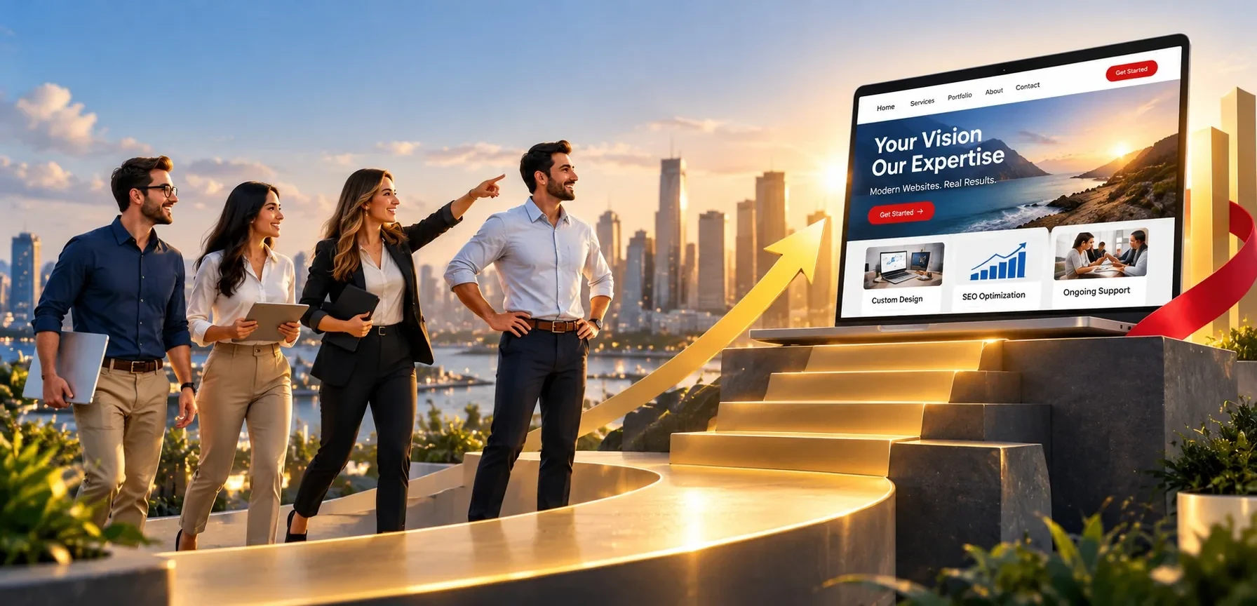 A design team guiding a business owner up a golden path toward a polished, professionally designed website